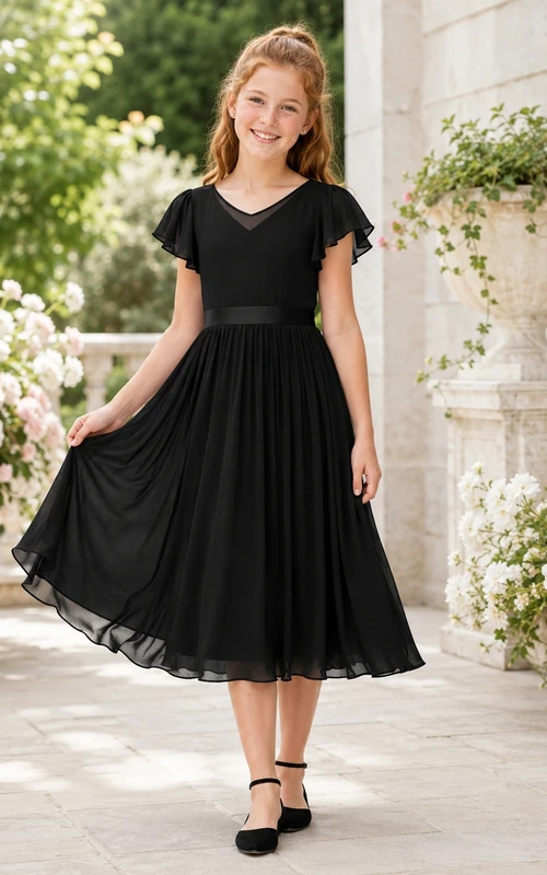 Black V-Neck Flutter Sleeve Chiffon A-Line Knee-Length Flowergirl Dress