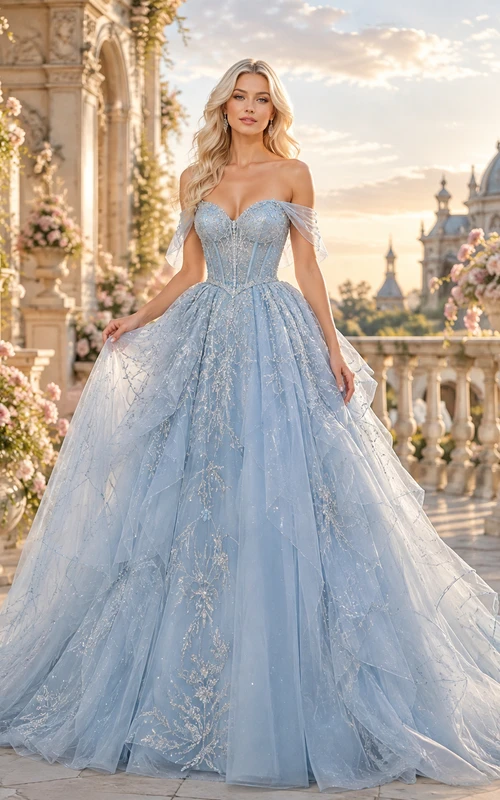 Vestido de gala de fantasía romántico azul cielo con hombros descubiertos, encaje y tul, cola de capilla, ideal para quinceañeras o graduaciones.