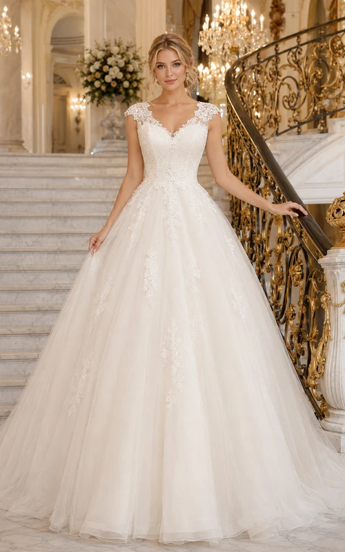 Ballkleid mit kurzen Ärmeln, Spitzenoberteil und Tüll – Brautkleid für den Ballsaal