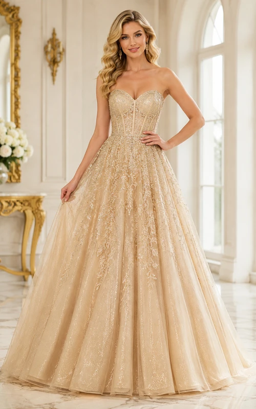 Vestido de noche de lujo largo hasta el suelo, sin tirantes, con escote corazón, de tul con lentejuelas, color champán dorado.