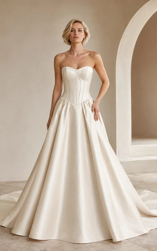 Robe de mariée de bal en satin champagne sans bretelles, corset pointu, robe de mariée bustier pointue.