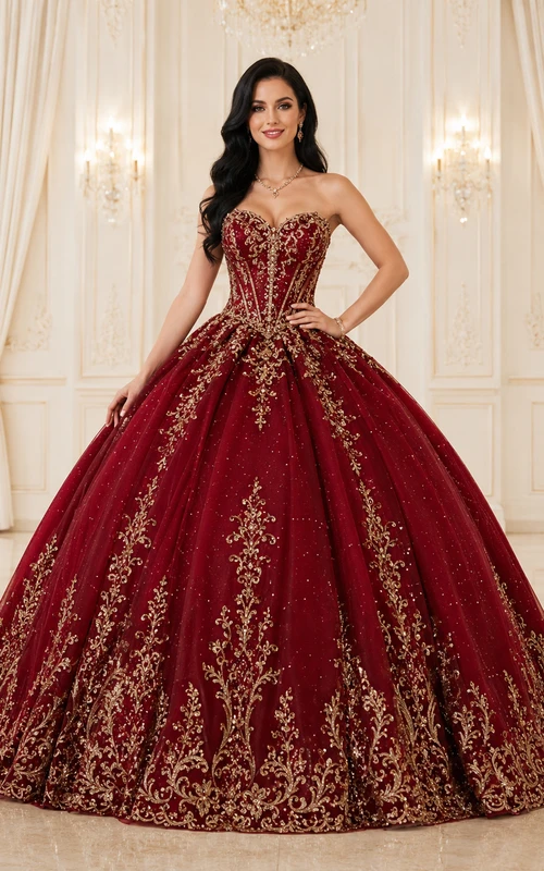 Gilded Court Burgundy Ball Gown Floor-Length Strapless Sleeveless Tulle Luxury Prom Dress