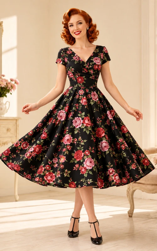 Fifties Black Floral V-Neck Swing Retro Cocktail Occasion Dress