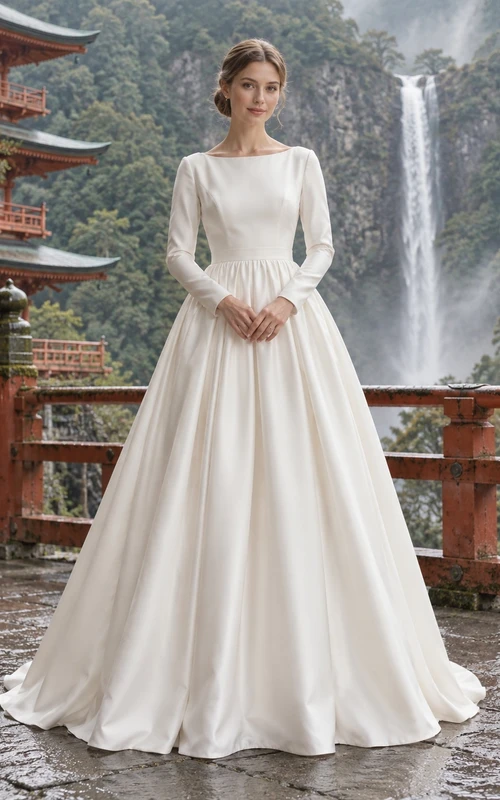 Schlichtes, elegantes Brautkleid aus Satin mit langen Ärmeln und U-Boot-Ausschnitt in A-Linie