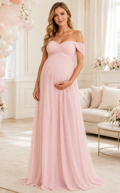 Babyparty-Umstandskleid in Blush, Empire-Stil, bodenlang, schulterfrei, kurze Ärmel, Chiffon, romantisch, elegant, Brautjungfernkleid, Gästekleid