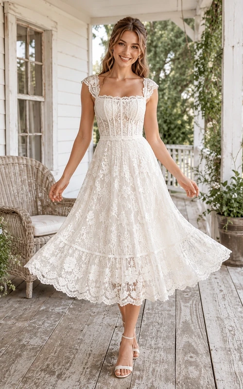 Rustikales Brautkleid mit Spitzenträgern, herzförmigen Ärmeln und Teelänge