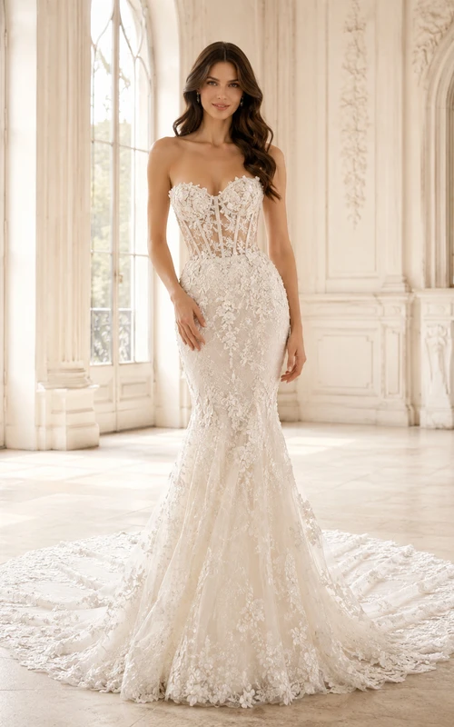 Robe de mariée sirène bustier en dentelle royale, décolleté cœur, traîne chapelle, ornée d'appliques, style jardin.