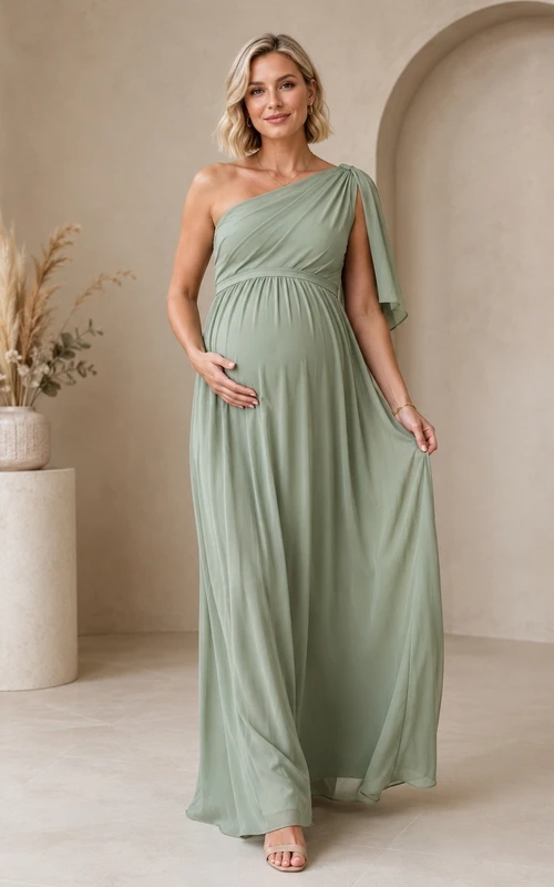 Maternity One Shoulder Draped Chiffon Empire Elegant Evening Dress