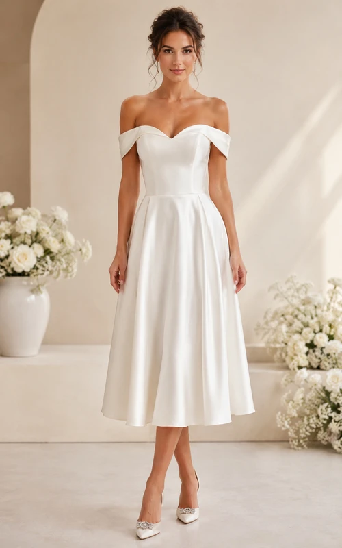 Robe de mariée en satin à manches courtes, épaules dénudées, coupe trapèze et plis, longueur thé