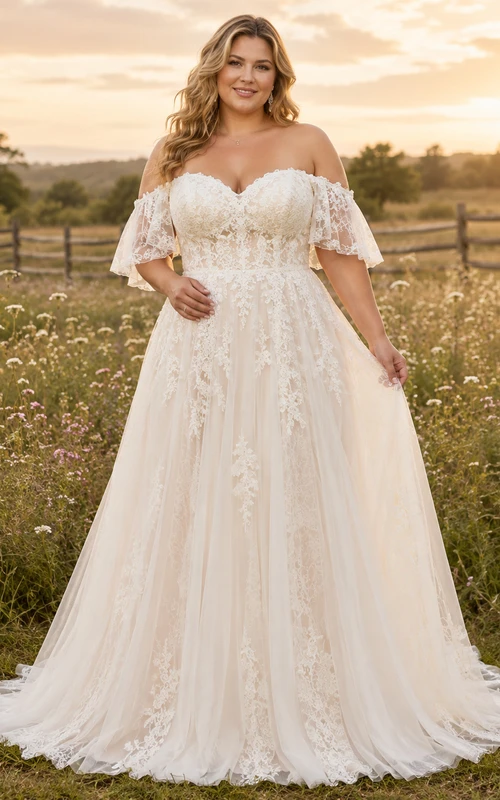 Robe de mariée en dentelle et tulle, coupe trapèze, épaules dénudées, manches courtes, traîne, ornée d'appliqués