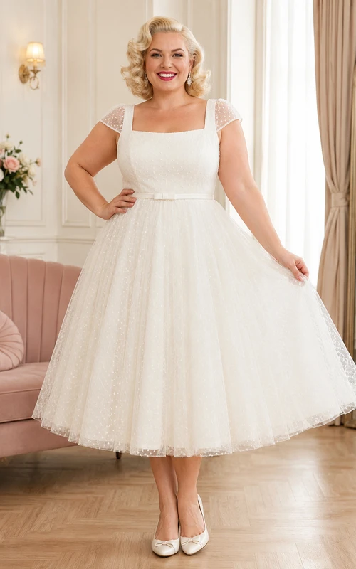 Vestido de novia romántico y elegante de tul con tirantes cuadrados y largo hasta la rodilla, talla grande