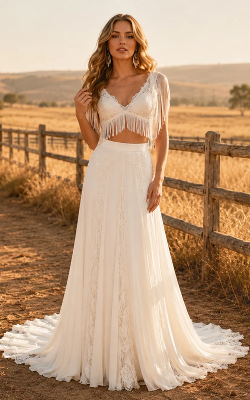 Two Piece Boho Fringe Western Ranch Lace A Line Gown