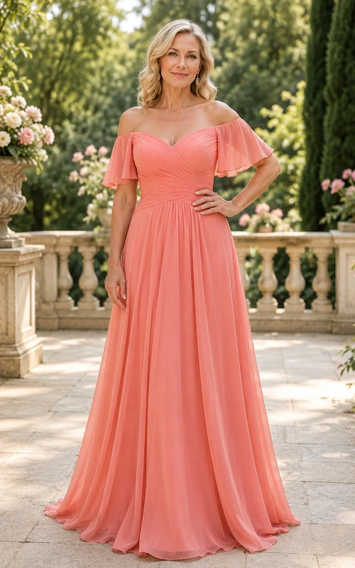 Korallenfarbenes schulterfreies Chiffon-Kleid in A-Linie für Mütter