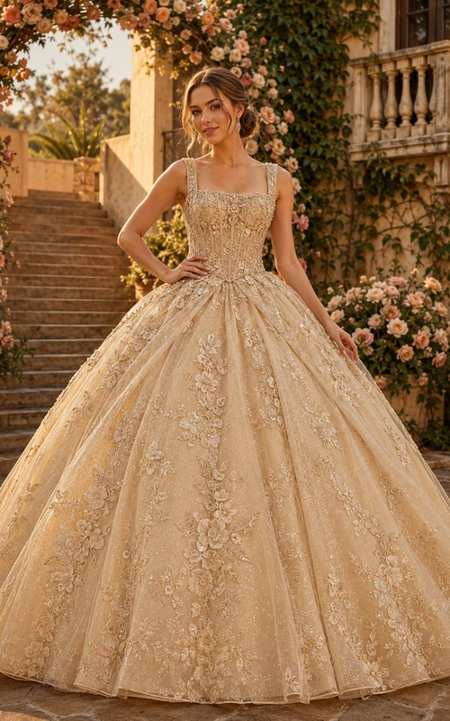 Vestido de quinceañera estilo princesa con arco floral color champán, tirantes cuadrados y encaje metálico dorado.