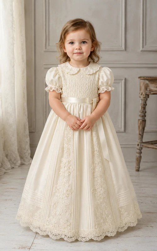 Vintage Christening Gown A-Line Cotton Lace Jewel Neck Full-Length Bow Back