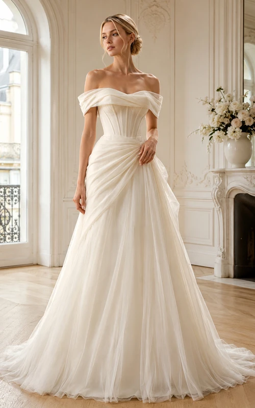 Robe de mariée architecturale en tulle, épaules dénudées, manches courtes, coupe trapèze, traîne et fronces, style jardin.