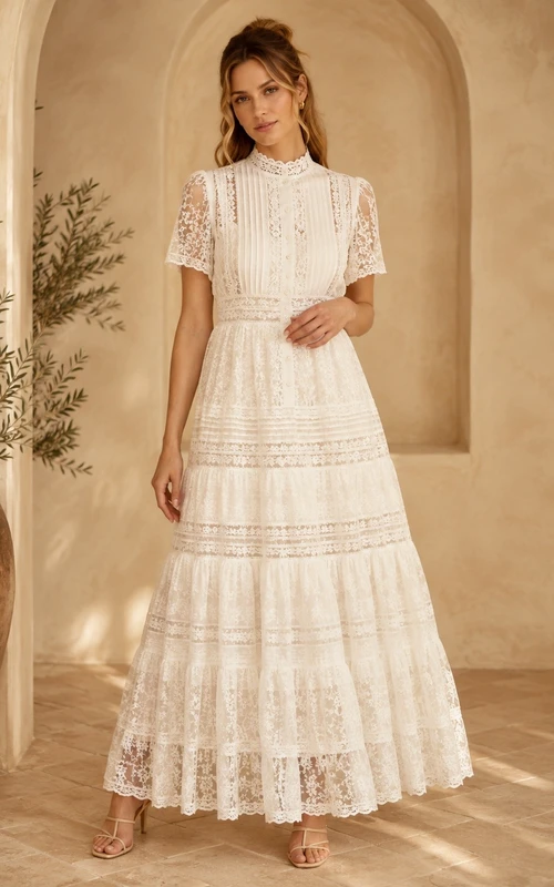 Boho-Kleid in Elfenbein mit hohem Kragen, Spitze, A-Linie und Knöchellänge