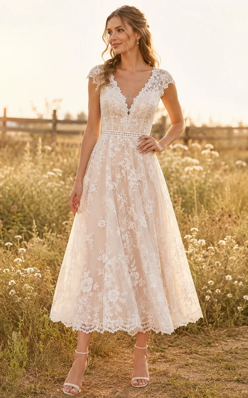 Vestido de novia bohemio de encaje con escote en V y mangas cortas, largo hasta la rodilla, estilo campestre, ideal para bodas en jardines.