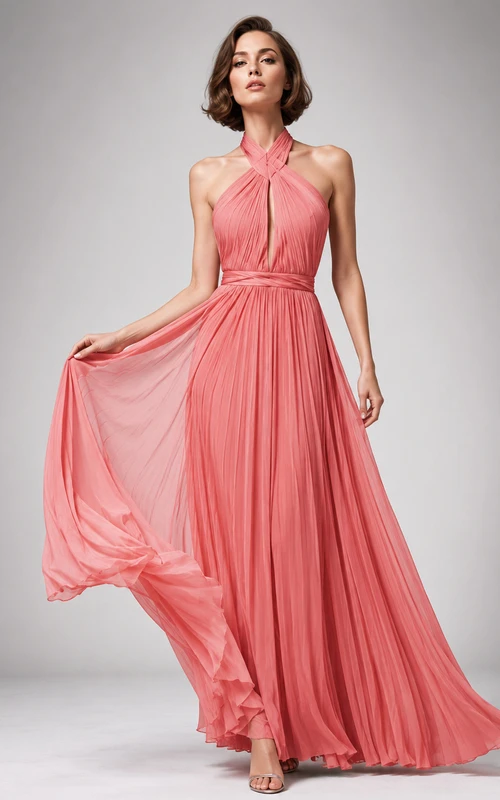 Coral pleated halter open back flowing A-line maxi gown