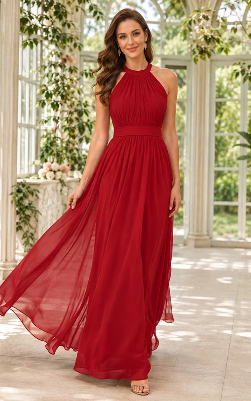 Vestido formal romántico rojo de gasa con cuello alto, escote halter y corte en A hasta el suelo.