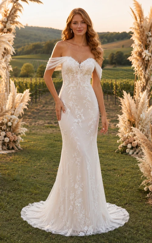 Off Shoulder Lace Sheath Garden Pampas Wedding Dress