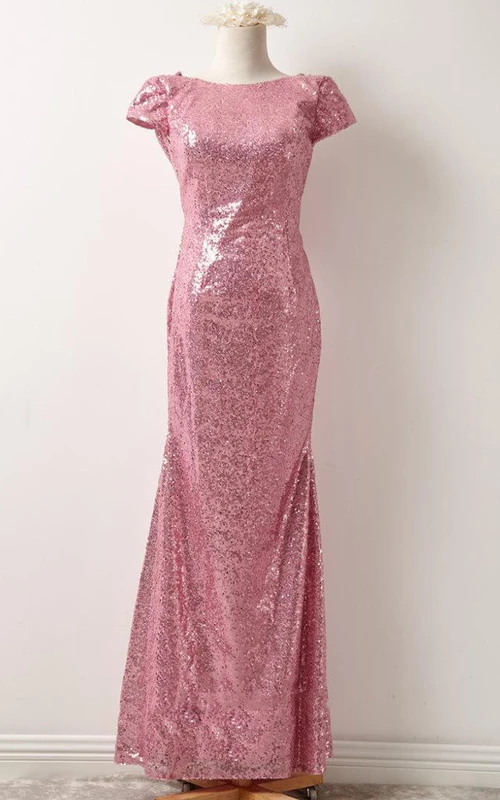 Roségoldenes Pailletten-Abendkleid mit kurzen Ärmeln, sexy, formell und elegant von Petit Bonheur