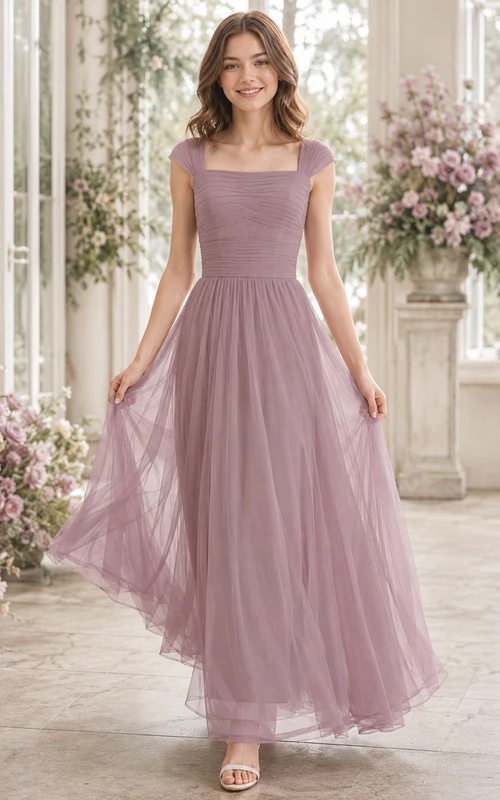 Elegantes Vintage-Brautjungfernkleid in Mauve, A-Linie, eckige kurze Ärmel, Tüll