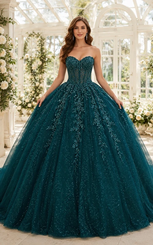 Dunkelgrünes, glitzerndes, trägerloses Tüll-Ballkleid mit Herzausschnitt, bodenlang
