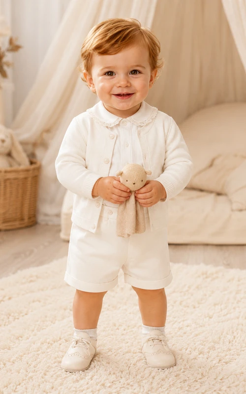 Weißes Strick-Cardigan-Set mit Peter-Kragen und Taufshorts für Jungen