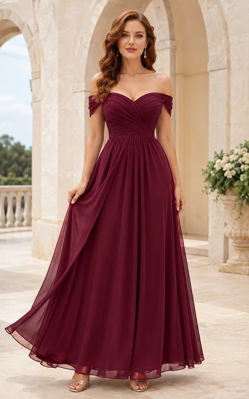Elegantes, bodenlanges, burgunderrotes Chiffonkleid mit Carmen-Ausschnitt und Falten – perfekt für formelle Anlässe.