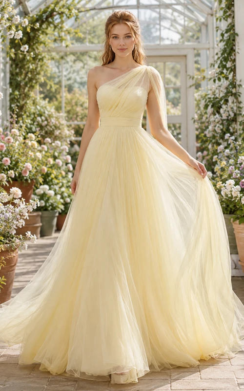 Yellow One Shoulder Tulle Greenhouse A Line Bridal Gown