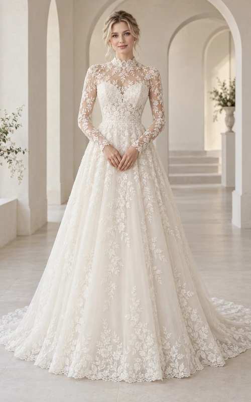 Robe de mariée modeste à col montant, manches longues, ourlet trapèze, dentelle florale et traîne, style trapèze.