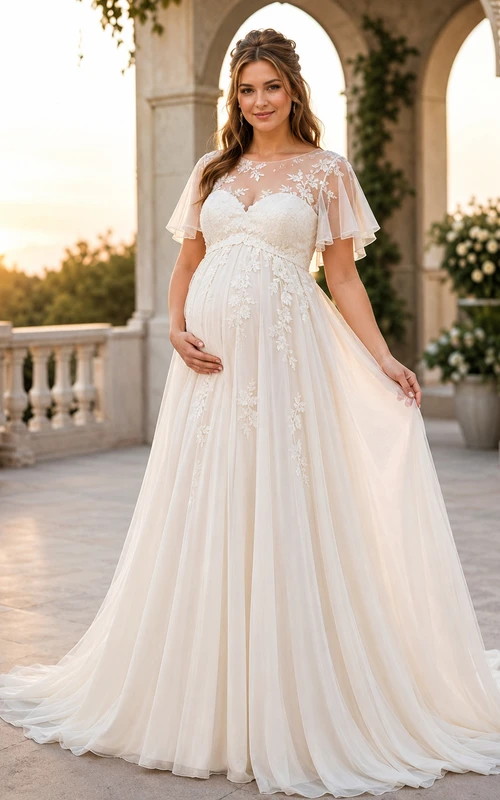 Maternity Romantic Flutter Sleeve Lace Chapel Train Wedding Dress