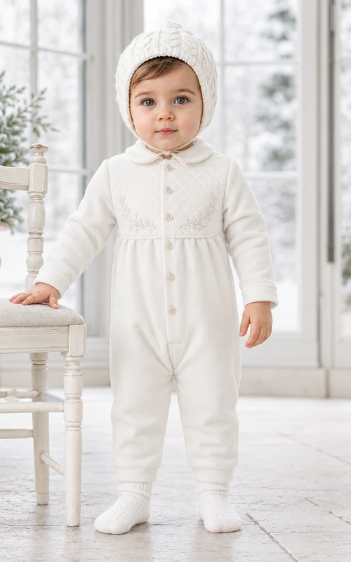 Gemütlicher weißer Langarm-Strickmütze mit Füßen, ideal für die Taufe von Jungen