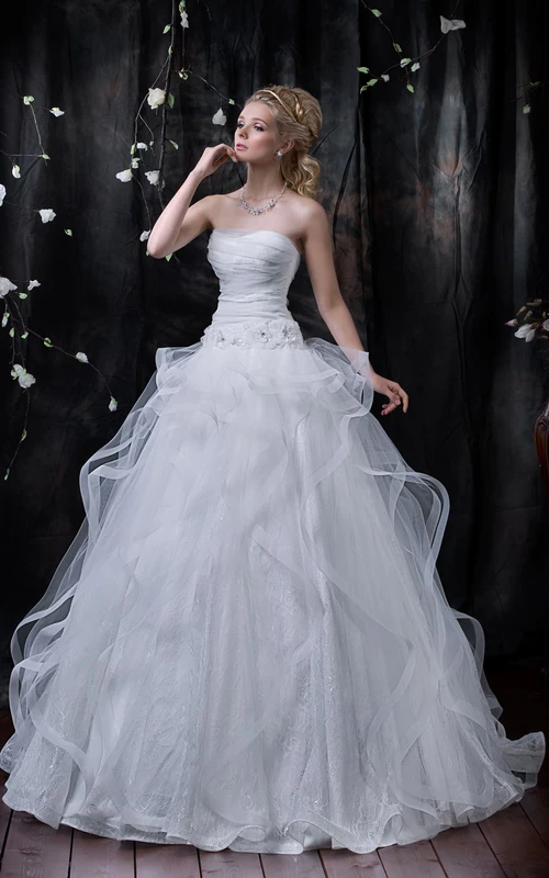 Ballkleid, ärmellos, trägerlos, Maxi, aus Tüll mit Schnürung, Rüschen und Blumen