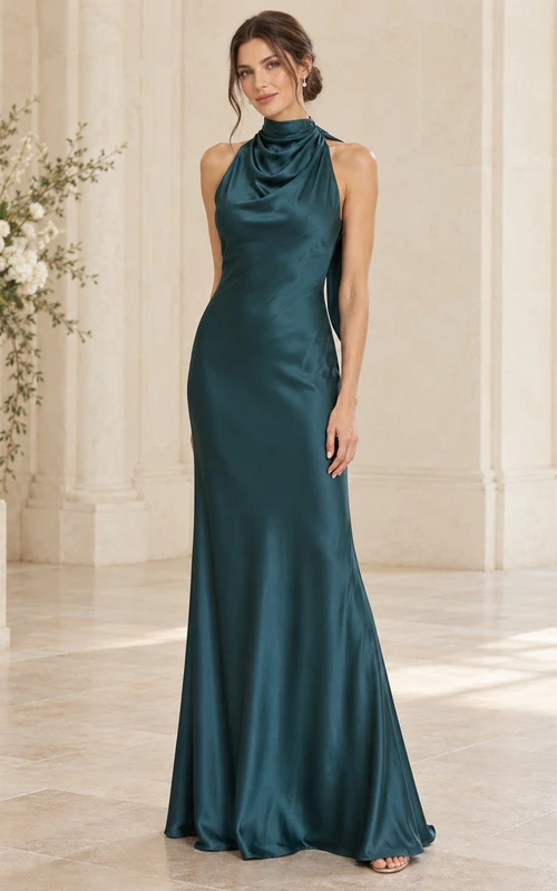 Vestido de dama de honor largo hasta el suelo con cuello halter y escote tipo bufanda, color verde azulado oscuro.