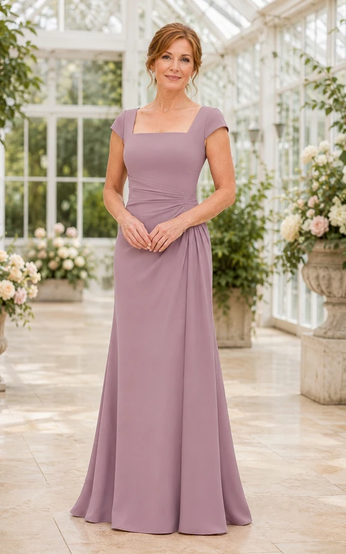 MOB-Kleid, mauvefarbener Chiffon, A-Linie, kurze Ärmel, eckiger Ausschnitt, bodenlang, drapiert