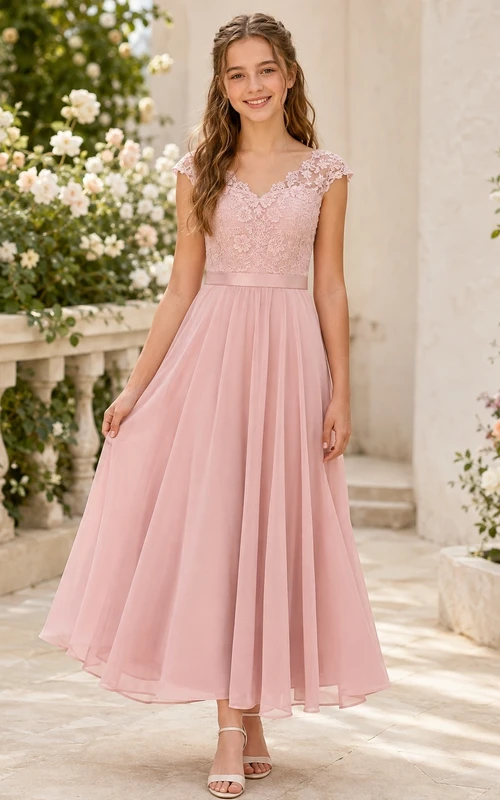 Romantisches, rosafarbenes Brautjungfernkleid für junge Frauen, A-Linie, V-Ausschnitt, kurze Ärmel, Spitze