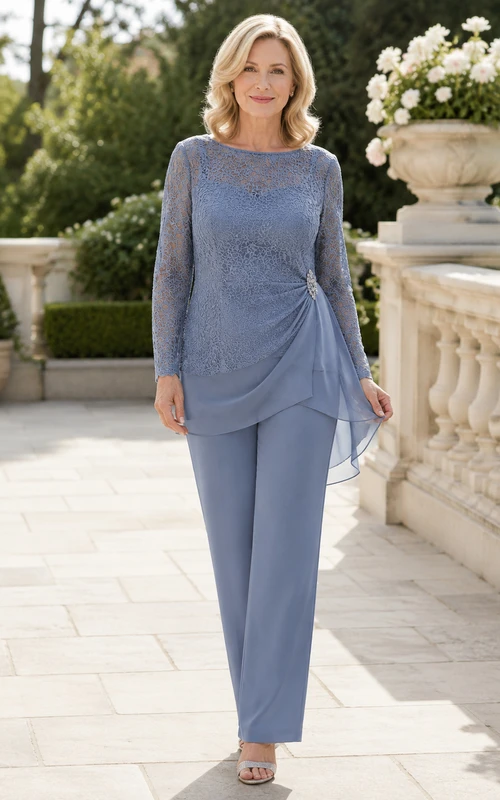Stahlblauer, schlichter Chiffon-Hosenanzug mit U-Boot-Ausschnitt, langen Spitzenärmeln und asymmetrischem Schnitt, knöchellang, ideal für die Mutter der Braut