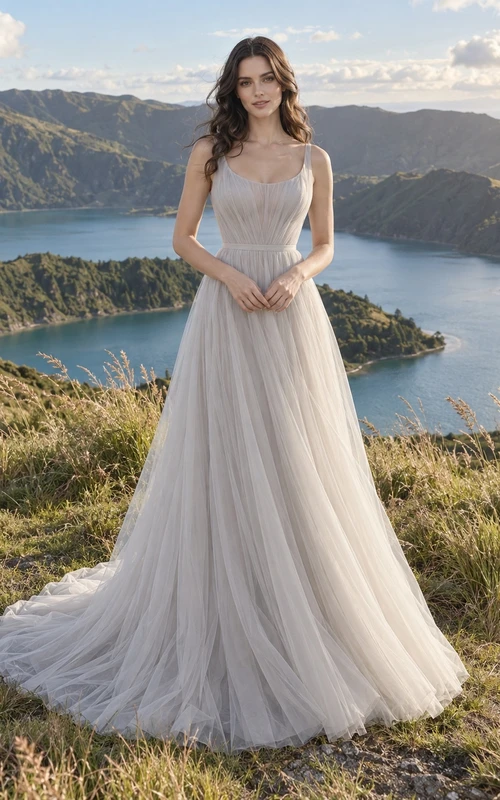 Vestido de novia de corte A sin mangas, de tul, color gris suave y escote redondo.