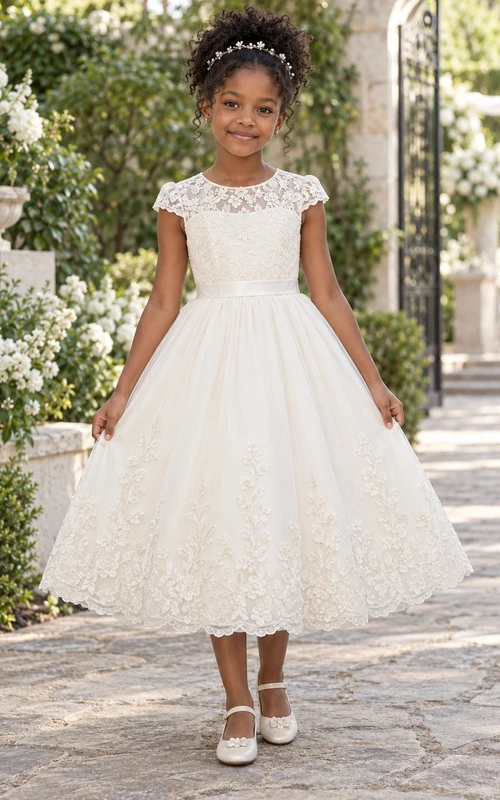 Teelanges elfenbeinfarbenes A-Linien-Kleid aus Spitze und Tüll mit kurzen Ärmeln, Illusionsausschnitt und Muschelsaum für Blumenmädchen
