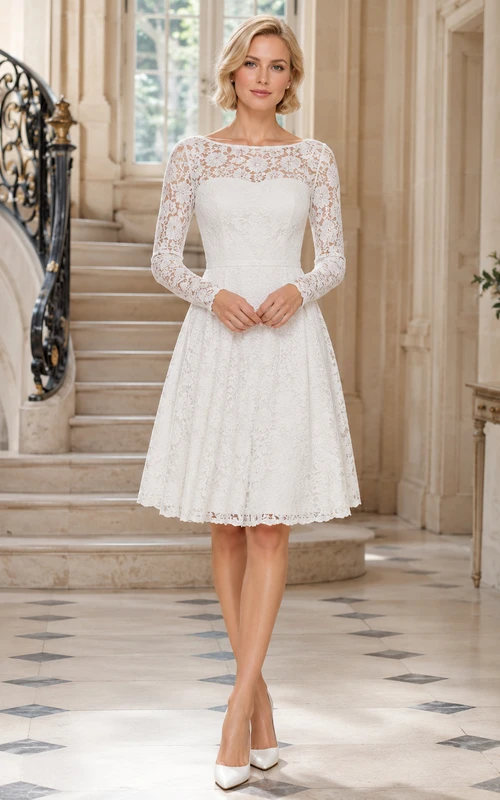 Vintage White Knee-Length Bateau Long Sleeve Lace Courthouse Dress Ceremony