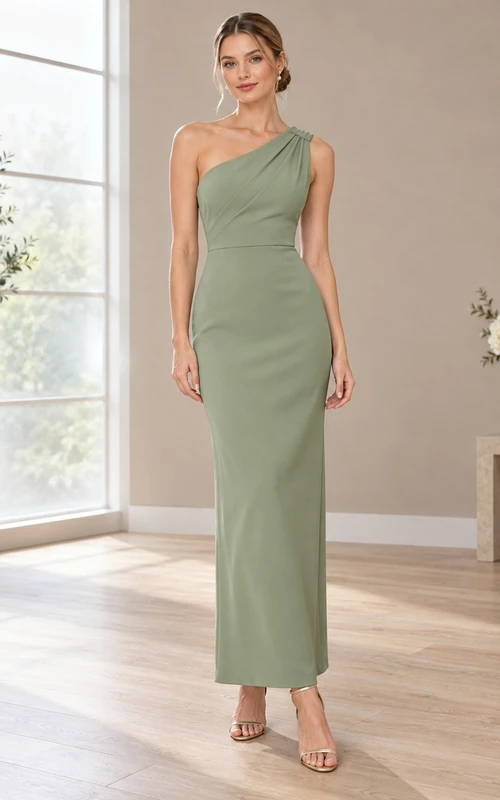 Simple Sage One Shoulder Smooth Column Ankle Length Guest Dress