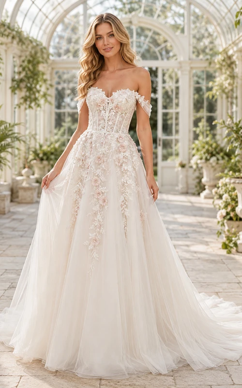 Vestido de novia de encaje, corte A, hombros descubiertos, largo hasta el suelo, con apliques y escote en V en la espalda.