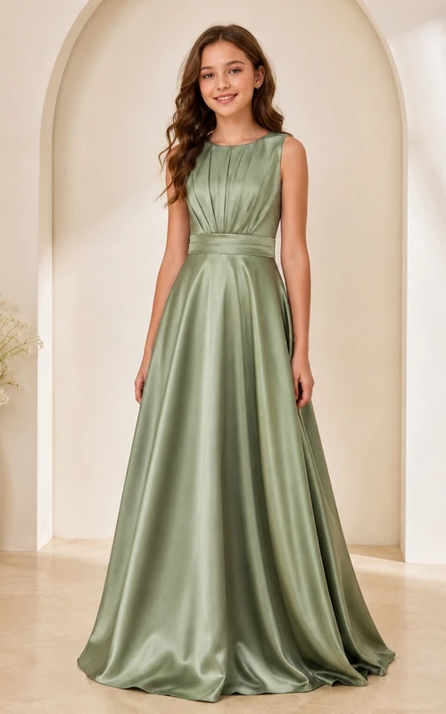 Celadonfarbenes Brautjungfernkleid in A-Linie mit Schmucksteinen und U-Boot-Ausschnitt, ärmellos, elegant, aus Satin