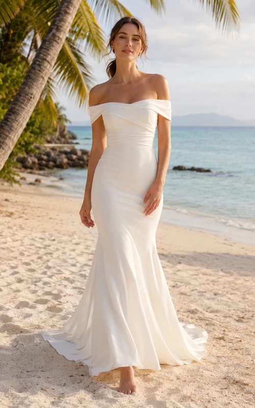Robe de mariée de plage en satin drapé à épaules dénudées, coupe sirène, dos boutonné et traîne