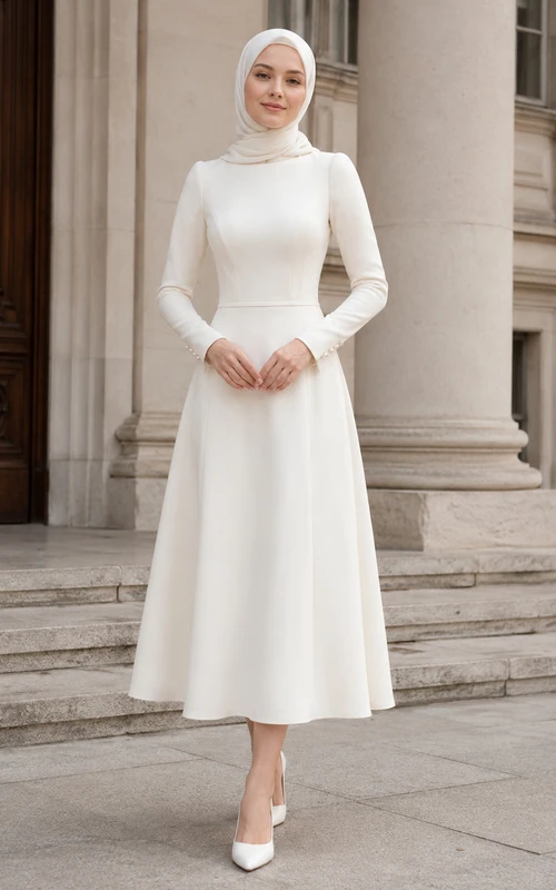 Vestido de novia civil musulmán modesto de cuello alto y manga larga hasta la rodilla
