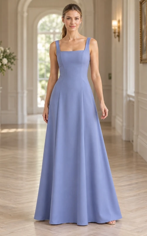 Vestido de dama de honor sencillo, largo hasta el suelo, de corte en A, en crepé color bígaro, con escote cuadrado y tirantes anchos.