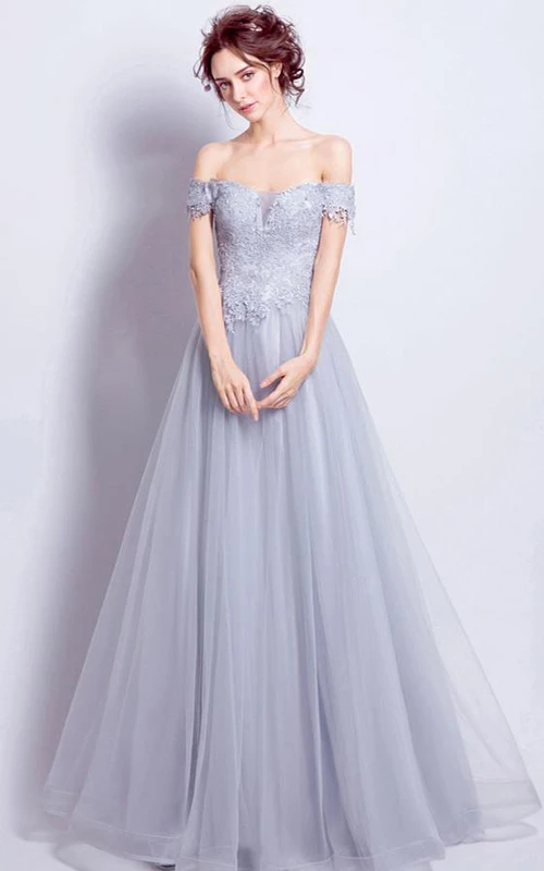 Lace Tulle Floor-length A Line Sleeveless Bohemian Evening Dress with Appliques