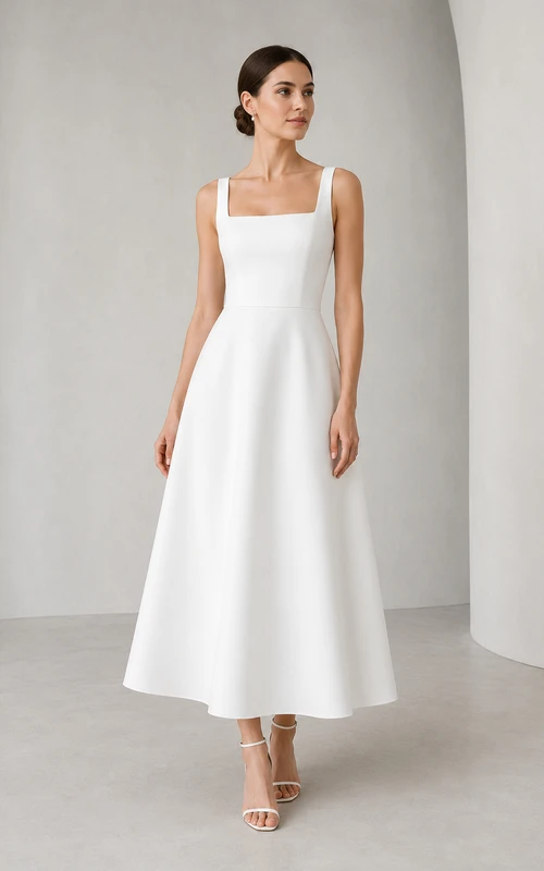 Vestido de satén color marfil con escote cuadrado y corte en A hasta la rodilla.